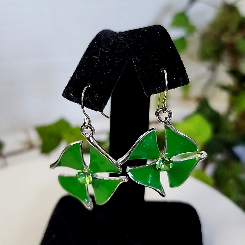 Silver Green Enamel Clover Drop Earrings New